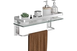 Danpoo Argent Étagères de Salle de Bain Support de Douche en Verre avec Barre de Serviette Étagère Murale Rangement Douche avec Tablette