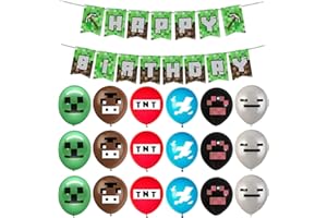 DEVENIRRICHE Minecraft Birthday Balloons, 18PCS 12 inch Latex Minecraft Balloons 1PCS Minecraft Style Happy Birthday Banner Party Decorations for Minecraft Players