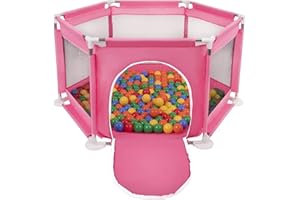 Selonis Parc Bébé Hexagonal Pliable Avec 100 Balles Plastiques, Rose:Jaune/Vert/Bleu/Rouge/Orange