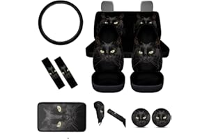 ‎CHAQLIN chaqlin Autositzbezüge mit schwarzer Katze, komplettes Set, Tierkatze, Autozubehör-Set, 12-teilig, Lenkradbezug, Sicherheitsgurtpolster, Handbremsbezug, Mittelkonsole, Armlehne, Schalthebel, Auto,