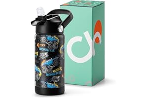 Choco Mocha Trinkflasche Kinder mit Strohhalm für Junge, Thermosflasche Kinder, Wasserflaschen für Schule 400ml, Auslaufsichere, BPA frei, Schwarzer Lkw