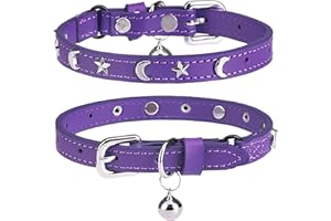 DILLYBUD Leather Cat Collar with Safety Elastic Belt and Bell for Girls and Boys, Purple, 18-23 cm
