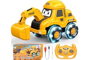 HappyGoLucky Digger Remote Control Cars, Toddler Toys for 1-4 Year Old Boys Girls 1 2 Year Old Boy Toys Early Christ Mas Presents 1st Birthday Gifts for Boy Girls, Cars for Kids Tractor Toy With Light