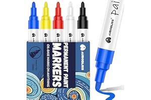 Aurobliss Marqueur Permanent Couleurs-5 Stylos-Pointe Ronde 2-3mm-Marqueur Peinture pour Métal, Verre, Plastique, Roche, Bois