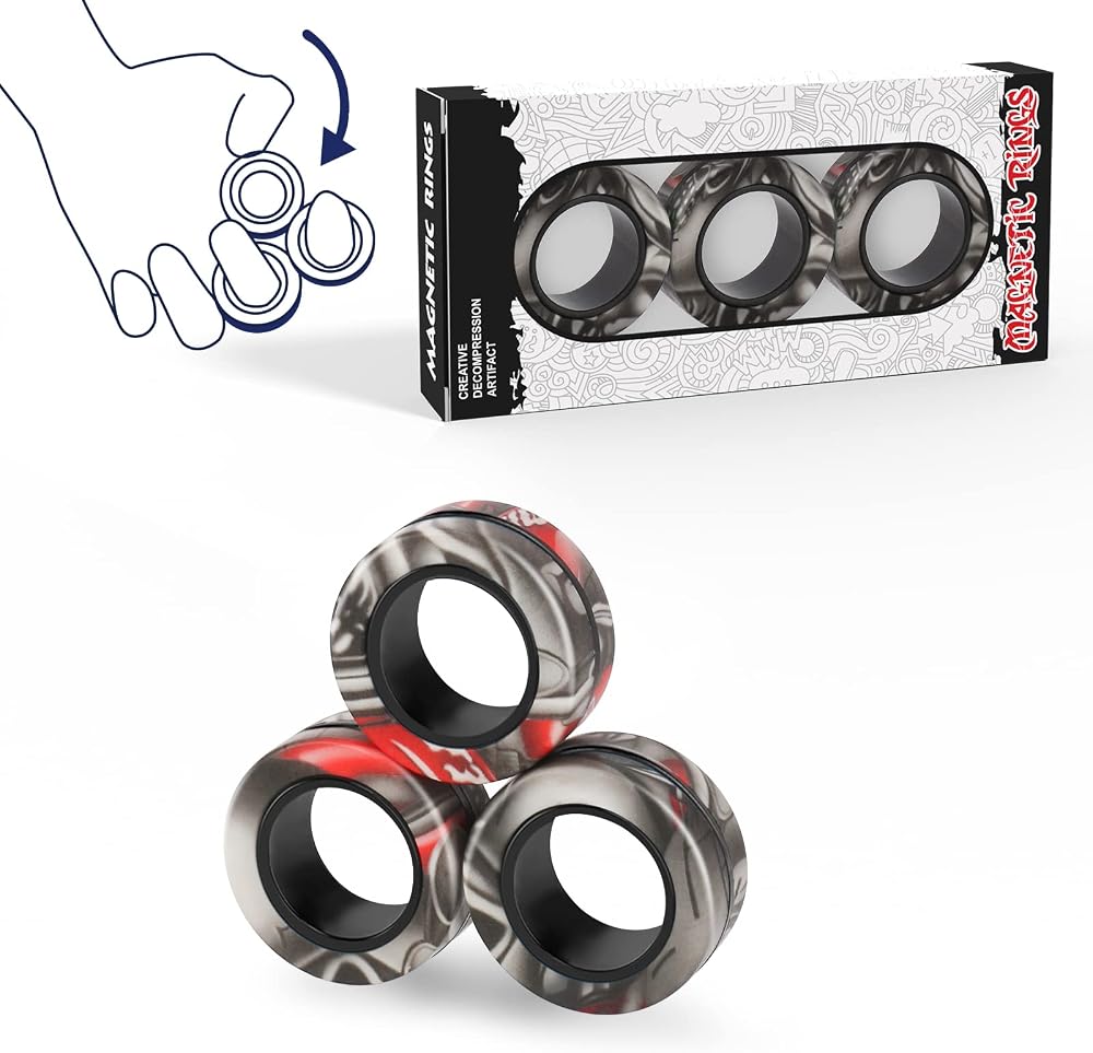 Finger Rock 3 adet manyetik yüzük Fidget oyuncak seti, fikir DEHB el egzersiz Fidget oyuncaklar, yetişkin Fidget mıknatıslar, anksiyete giderici terapi için döner halkalar, Fidget paketi yetişkinler, gençler