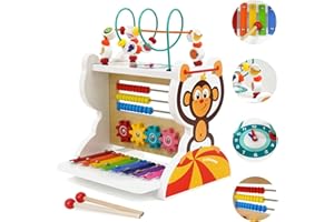 Nukdey Juguete Cubo de Actividades de Madera para Bebés 5 en 1:Juguete Xilófono, Ábaco, Laberinto de Perlas, Engranajes, Reloj: Instrumento Musical para Niños de 1 a 5 Años
