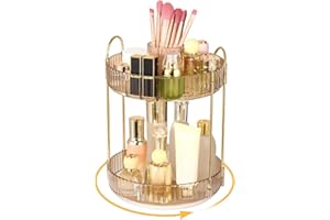 Lnueovcn 360° Rotating Makeup Organiser, Large Capacity 2 Tiers Skincare Organiser, Cosmetic Organiser Makeup Brush Holder with Compartment for Cosmetics Perfume Jewellery Bedroom (Amber)