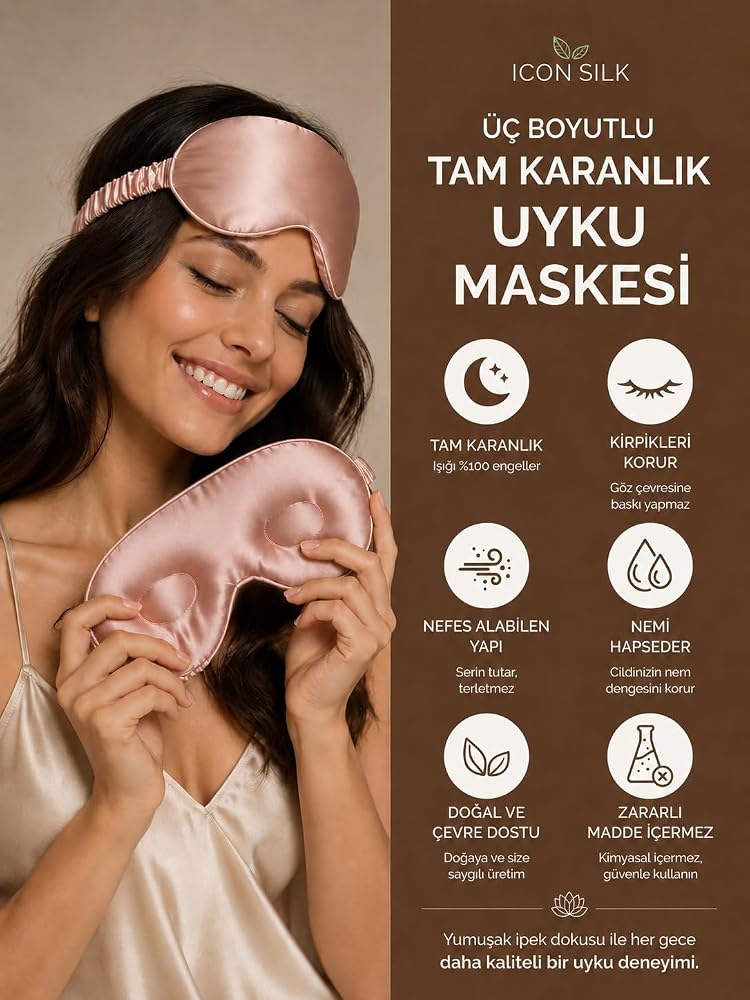 ICON SILK 3D TAM KARANLIK SAF İPEK UYKU MASKESİ - IŞIK ÇEÇİRMEZ GÖZ BANDI, Seyahat ve Günlük Kullanım İçin (Gül Pembe)