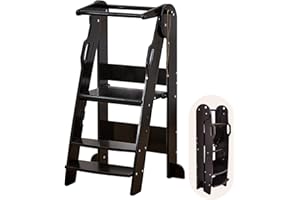 FUNLIO Lernturm Klappbar für Kinder, 3-Stufig Höhenverstellbarer Learning Tower für Kleinkind von 2–6 Jahren, Kinder Lernturm Montessori mit Sicherheitsgeländer, Einfach zu Montieren - Schwarz