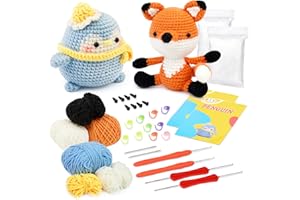 Ruasol Häkelpaket für Anfänger, Häkelpaket mit Garn, DIY-Häkelpaket für Anfänger, Häkelnadeln, Schritt-für-Schritt-Anleitungsvideo, Häkel-Starter-Kit für DIY-Bastelkunst, Fuchs und Pinguin