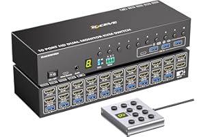 MLEEDA 10 PC HDMI KVM Switch 2 Monitores 4K@60Hz Simulación EDID,10 Puertos Dual Monitor KVM Switch con 4 Puertos USB 3.0 para Teclado Ratón, Audio,RS232,con Controlador,Alimentación de 12V y 10 Cables USB