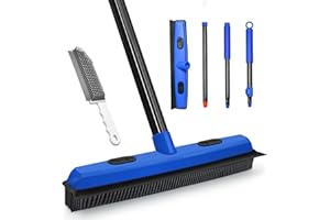 Dolanx Rubber Broom with Squeegee, Pet Hair Brush 134 cm Long Handle, Silicone Push Fur Remover Tool with Portable Detailing Lint Comb for Cleaning Fluff Carpet, Rug (Blue)