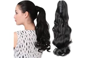 SEGO 18"(45cm) Coleta Postiza con Pinza Pelo Sintético Se Ve Natural Extensiones de Cabello Clip Cola Rizada Ondulada Ponytail Extension (140g,Negro)
