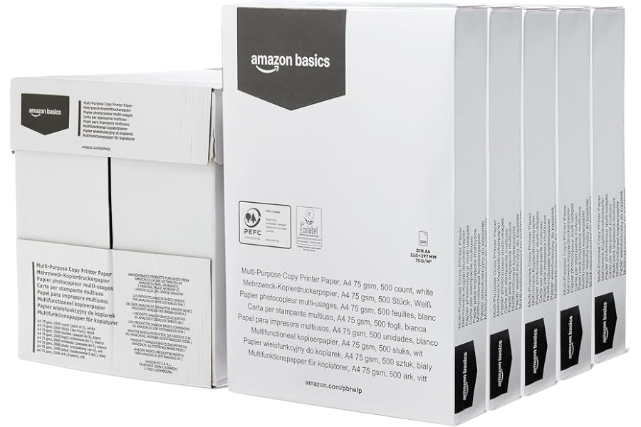 Amazon Basics Papel Multiusos para Fotocopias, A4, 75g/m², 2500 Unidades (Paquete de 5), Blanco