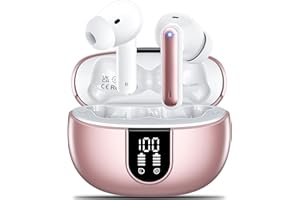 AOVOCE Bluetooth Headphones, Wireless Bluetooth 5.3 Sports In-Ear Headphones with 4 x ENC Microphones, Bass Stereo & 42 Hours Playtime, IPX7 Waterproof Headphones, LED Battery Display, Rose Gold