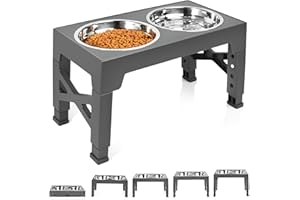 BOLLFO Elevated Dog Bowls, Raised Dog Bowl with Adjustable Stand, Double Dog Food and Water Bowl for Small Medium Large Dogs or Cat, 5 Heights 3.15”, 8.66”, 9.84”,11.02”,12.2” (Grey)