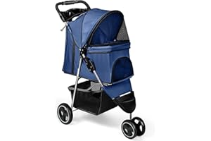 CAMPSOR Hundewagen mit 3 Rädern, Faltbare, mit Aufbewahrungskorb und Getränkehalter, 360 ° Vorderrad, Hinterrad mit Bremse, Haustier Kinderwagen für kleine mittlere Hunde & Katzen (Dunkelblau)