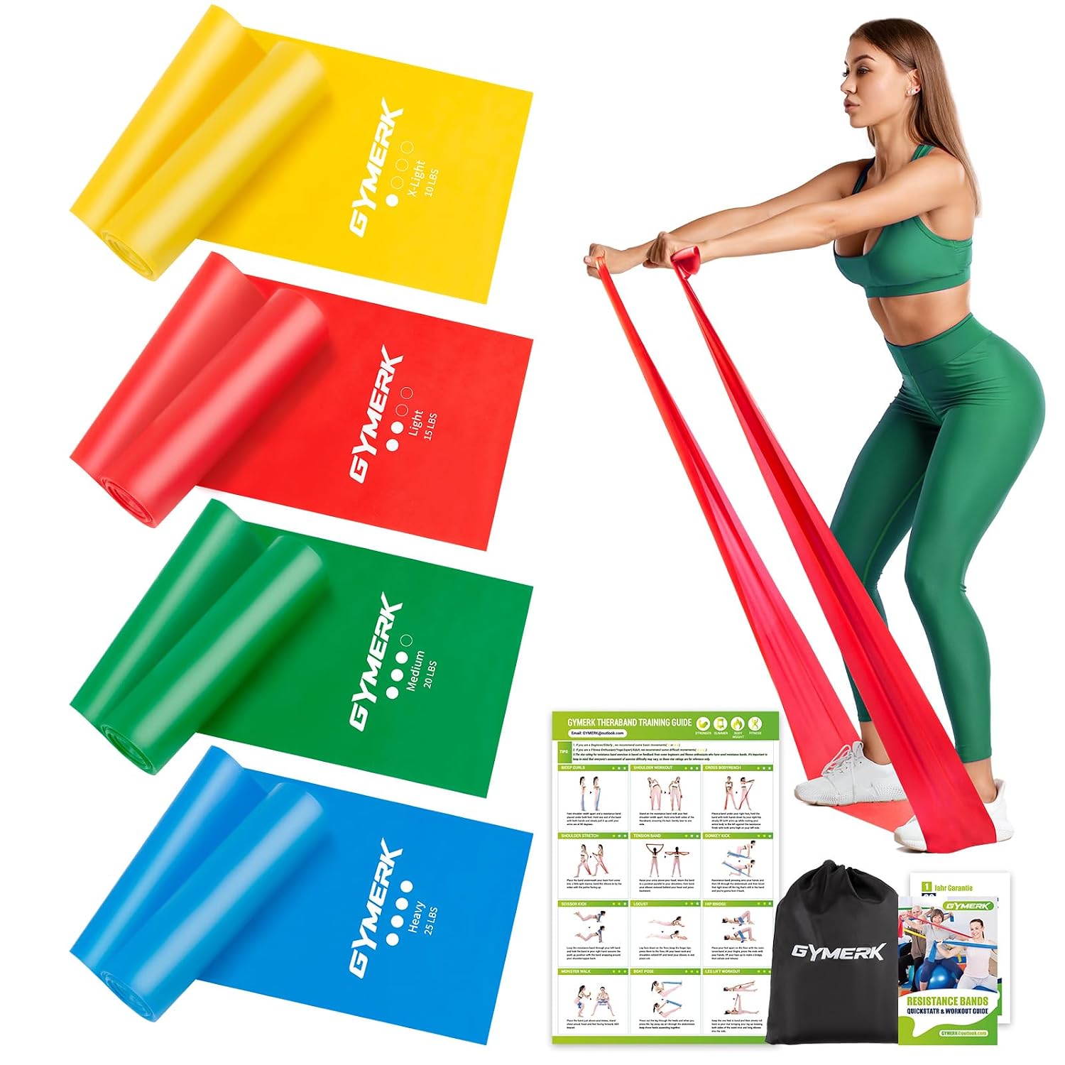 GYMERK Fitnessbänder Set 4er, 1.8M/2M Fitnessband, 4 Widerstandsstufen mit Übungsposter, Gymnastikband mit Tragetasche & Übungsanleitung, Ideal für Yoga, Pilates, Muskelaufbau