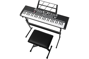 LALAHO Tragbare Keyboard Piano 61 Tasten für Anfänger, Digital Piano mit Keyboardständer, Klavierbank, Notenständer, Mikrofon, Kopfhörer, LED-Bildschirm, 3 Lernmodi