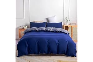 Jemiipee Juego de Funda Nordica 100% Microfibra Reversible Cama 90 Suave Fundas Nórdicas Color Sólido Funda Edredon 150x200 cm y 1 x Funda de Almohada de 50x70 cm, Azul Marino/Gris