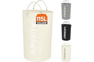 Lifewit Panier a Linge Pliable 115L, Corbeille a Linge avec Poignée Robuste, Grand Sac Linge Sale Faciles à Transporter, Bac a Linge pour Vêtements, Serviettes, Couvertures, Jouets, Blanc argenté