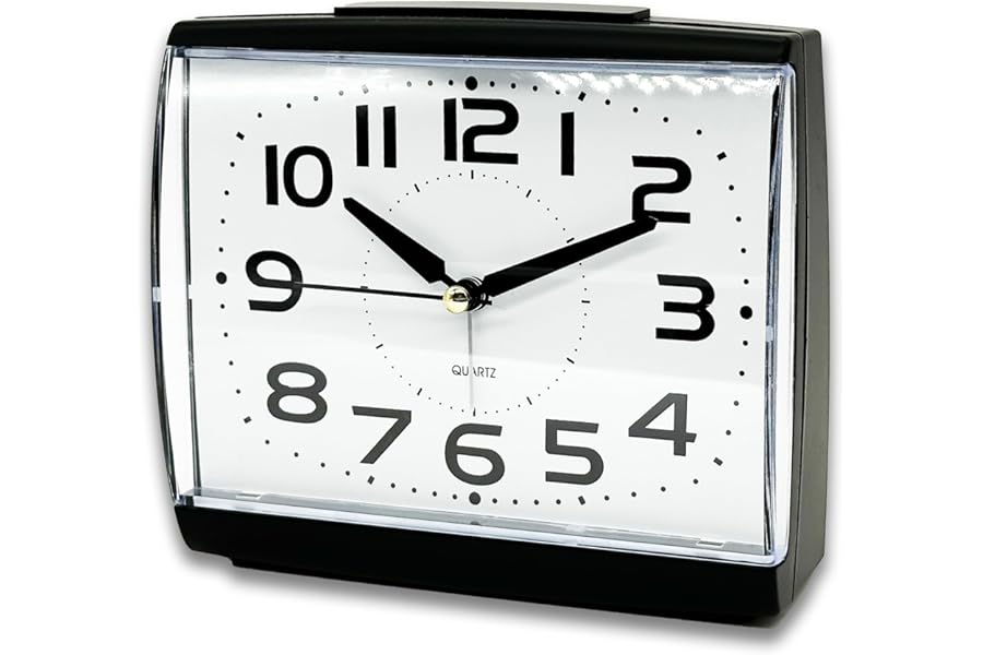 A5 - Silent Non-Ticking Bedside Alarm Clock, Large Size, Analogue Clock with Nightlight, Snooze, Battery Powered, Artdeco Designed suits any decoration. Best for Elderly, Kids and Children (BLACK)