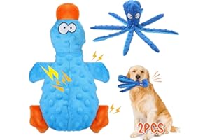 Kemowi 2pcs Plush Dog Toys, No Stuffing Squeaky Interactive Dog Toys, Indestructible Dog Chew Toy With Crinkle Paper For Puppy Teething, Small Medium Large Dogs Training and Playing(Octopus+Duck)