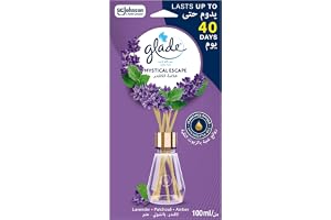 Glade Reed Diffuser Mystical Escape, Lavender & Patchouli, 100ml | Flame-free reed diffuser fills your home with elegant Mystical Escape fragrance using essential oils, long-lasting ambiance