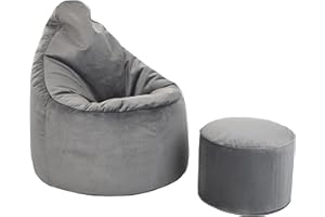 Loft 25 Capriccio Velvet Bean Bag Chair | Indoor Home Living Room Premium BeanBag Seat | Ergonomic Design for Body Support | Durable & Comfortable (Slate, Bean Bag + Footstool)
