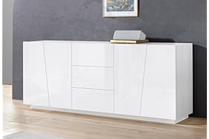 Dmora Credenza moderna a 4 ante e 3 cassetti, Made in Italy, Madia da cucina, Buffet di design da soggiorno, cm 220x43h86, colore Bianco lucido
