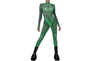 Felcia Womens Halloween Skeleton Costume Long Sleeve 3D Print Stretch Bodycon Jumpsuits Cosplay Costume Party Role Play Outfits