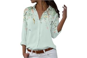 MICKURY Cecil Damen Shirt FrüHlings Oberteile Damen 2022 LäSsiges Blumendruckhemd Langarm Lose Passform Button Down V Ausschnitt Bequeme Tunika Bluse T Shirt