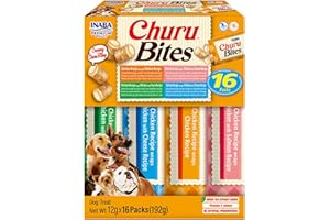 INABA Churu Bites Perros - 4 variedades de sabores - Palitos crujientes con Relleno cremoso, Aperitivo Delicioso y Saludable - Alimento con proteínas, sin colorantes ni conservantes - 192g (16x12g)