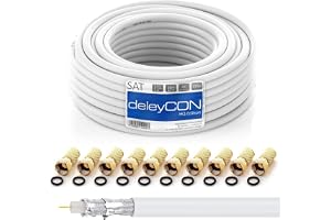 deleyCON HQ 10m SAT Koaxialkabel 130dB - 4-Faldigt Skärmad DVB-S - S2 DVB-T och DVB-C - Inre Stål-/Kopparledarkabel - 4K 1080
