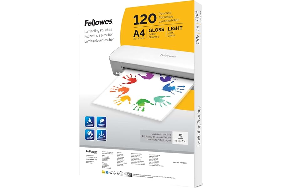 Fellowes Pack de 120 fundas de plastificar A4, Acabado brillo, 120 unidades - Adecuadas para fotos y carteles - Exclusivo Ama