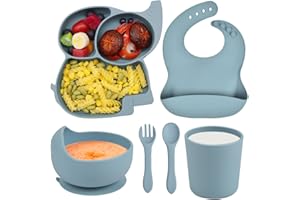 Domueay Baby Teller Kindergeschirr Sets,6 Stücke Silikon Baby Geschirrset mit Saugnapf Rutschfest Kinderteller Schüssel mit Lätzchen Tasse Löffel Gabel Abwaschbar BPA Freie Babygeschirr Blau Elefant