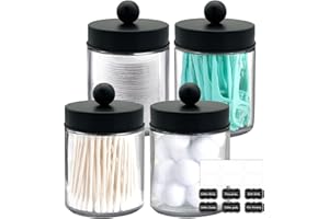 BIKALAN Glas Wattestäbchen Behälter, Schminktisch Badezimmer Organizer Set mit Matt-Schwarz Edelstahldeckeln, Wattepadspender Make up Organizer für Wattestäbchen, Wattepads, Zahnseidepicks