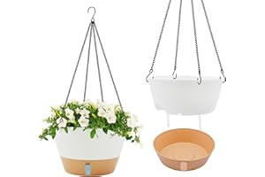 ZMTECH 30cm Self-Watering Hanging Planter, Set of 2, Plastic Hanging Flower Pots with Detachable Saucer, Water-Level Window & Drainage Holes for Indoor and Outdoor Plants