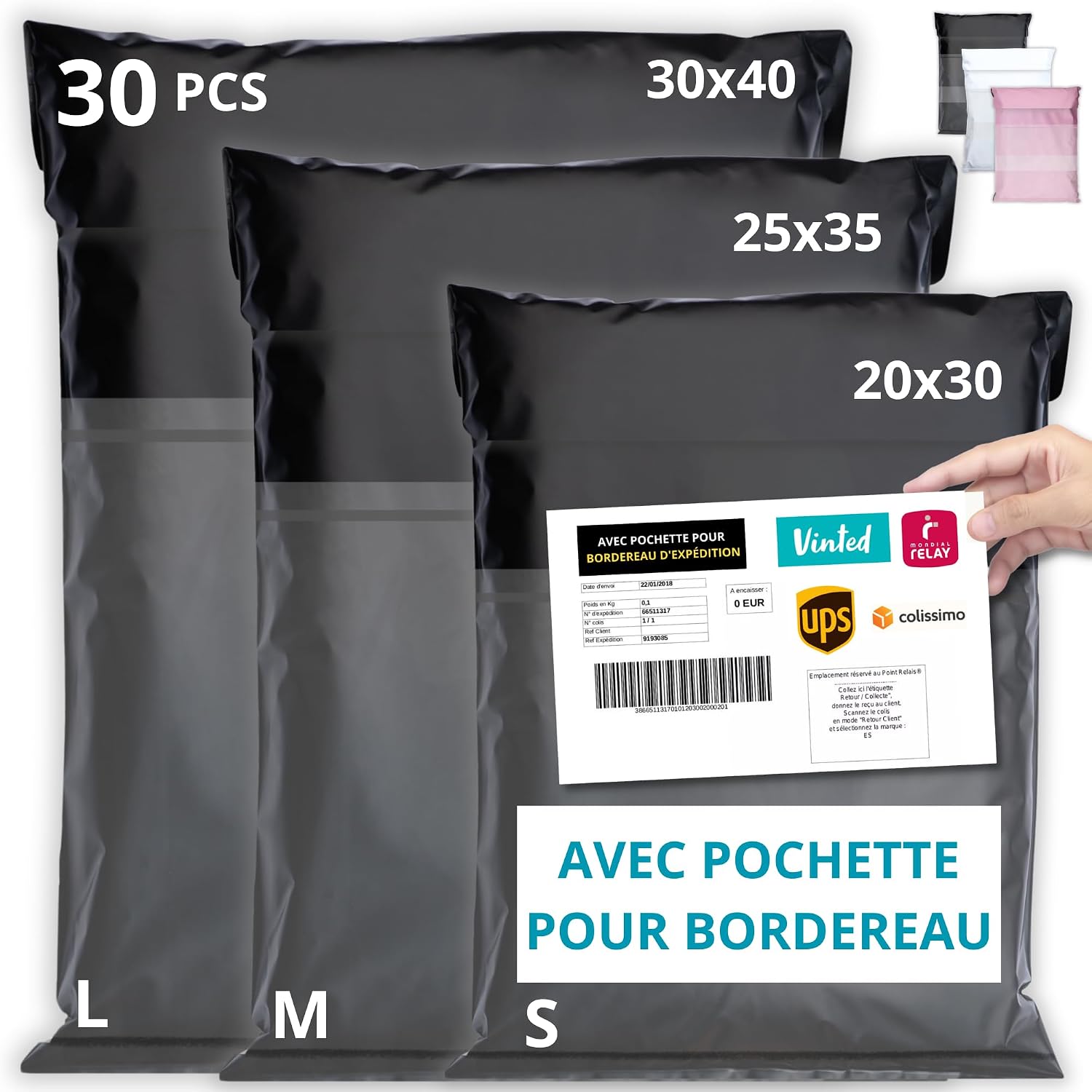 EMBALLAX - 30 Emballage Colis Vinted - Pochette pour BORDEREAU - Taille S/M/L - OPAQUE/ULTRA-LÉGÈRE/IMPERMÉABLE - Enveloppe Expédition Plastique - Vetement, Boite/Carton - Pochette Envoi Postal - Sac