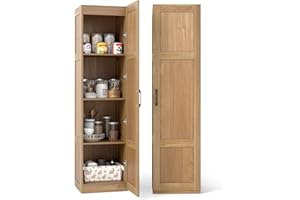 COSTWAY 150cm Tall Kitchen Cupboard, 4-tier Buffet Pantry Storage Cabinet with Anti-tipping Device, Freestanding Narrow Sideboard Organizer Unit for Dining Room Living Room (Natural)