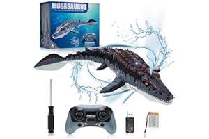 XSTARG RC Boot Ferngesteuertes Dinosaurierboot Wasserdicht Ferngesteuerte Boote mit mit LED-Licht & Sprühnebel für Pools und Seen, Dual Propeller Ferngesteuerte Mosasaurus Poolspielzeug für Kinder Erwachsene