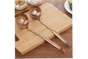 CASECOVER 2 Pcs Slotted Spoon and Soup Ladle, Copper Cooking Skimmer Cookware Utensil, Long Handle for Serving & Scooping Sauces, Gravy and More