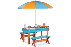Relaxdays Mobiliario Infantil para jardín, Set con Mesa, Dos Bancos y sombrilla, Muebles de Exterior, Madera, Multi-Color