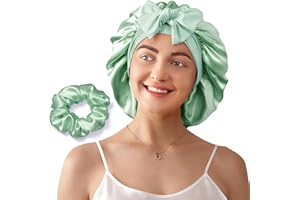 ‎LITBEAR LitBear Schlafhaube aus 100% Maulbeerseide für Damen, 6A 22 Momme, große doppellagige Haube aus echter Seide mit Bindeband, rutschfester Seidenturban, inklusive Seiden-Haargummi, Grün