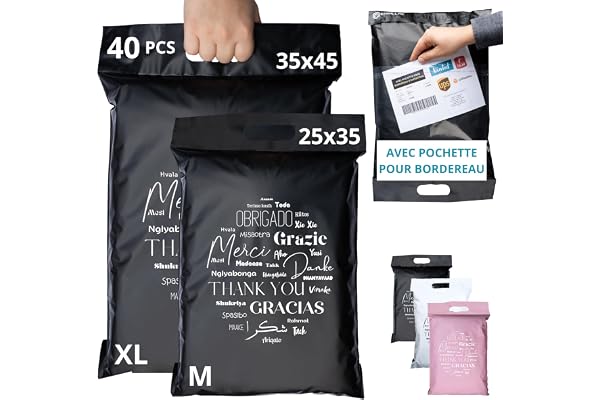 EMBALLAX - 40 Pochettes d’Envoie Colis Vinted avec Pochette pour Bordereau - 2 Tailles M/XL - Résistante, Opaque - Enveloppe Plastique Expédition - Emballage Envoie Vetement Boite Sac - Poignée Merci