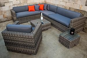 Ragnarök-Möbeldesign PolyRattan Lounge - Deutscher Hersteller - 8 Jahre GARANTIE - Gartenmöbel Sitzgruppe Tisch Aluminium Rostfrei auch Seitenverkehrt stellbar Sessel Rattan Natur Polster Grau