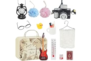 YUNSTK 16 Stück Wichtel Zubehör Miniatur Reise Set, Miniatur Vintage Deko mit Wichtel Brille, Zahnbrüste, Zahnpasta, Bücher, Mini Kamera, Koffer, 1:12 Wichtel Koffer Set Miniatur Puppenhaus Zubehör