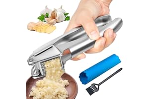 AYADA Premium Knoblauchpresse Edelstahl Rostfrei Knoblauchbrecher mit Silikon Knoblauchschäler & Reinigungsbürste Knoblauchschneider Spülmaschinenfest Ingwerpresse Garlic Press Set Hand Crusher (Silber)