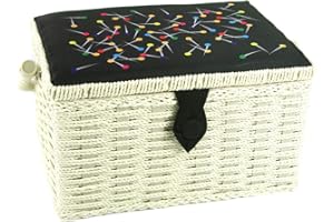 SEWING ONLINE Medium Sewing Box, Wicker Effect with a Multi-coloured Pins Pattern on Black Fabric Lid, 26 x 19 x 15cm