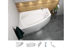 ECOLAM Badewanne Eckbadewanne Acryl Frida Polimat weiß 140x90 cm LINKS + Schürze Ablaufgarnitur Ab- und Überlauf Automatik Füße Silikon Komplett-Set